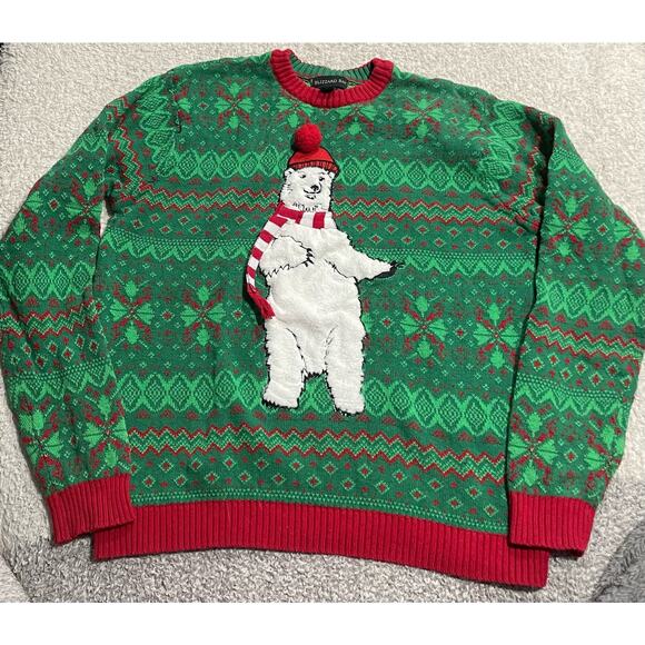Blizzard Bay Funny Ugly Holiday Christmas Large Polar Bear Sweater Green - Picture 1 of 8